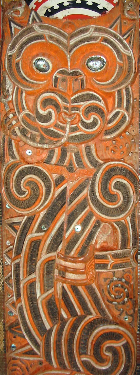 Carving of a lizard-like 'taniwha' at the Auckland War Memorial Museum.